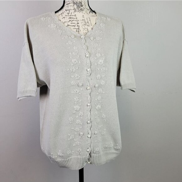 KNIT button up short sleeve embroidered cardigan sweater top M - Picture 7 of 10